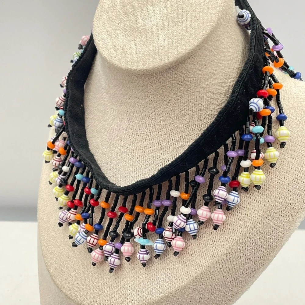 Vintage 90s Glass Bead Fringe Choker Necklace Black Fabric Boho Fashion‎ Jewelry